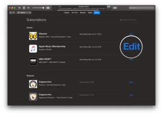 Mojave iTunes, Account, Manage Subs, Apple Music, Edit