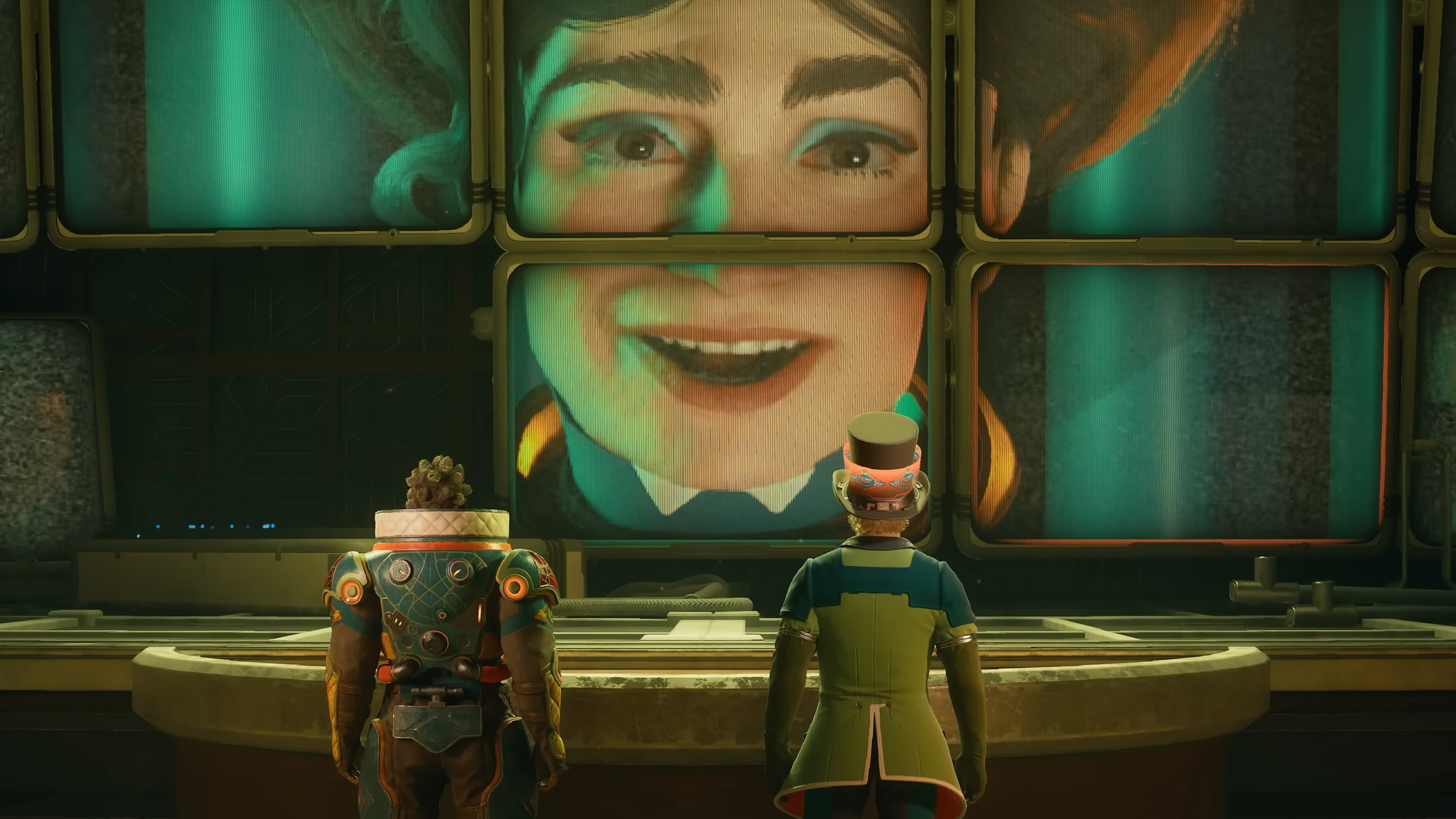 A large face on a view screen
