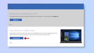 A screenshot of the Microsoft website, with a red arrow pointing at Download Now under Create Windows 10 installation media. 