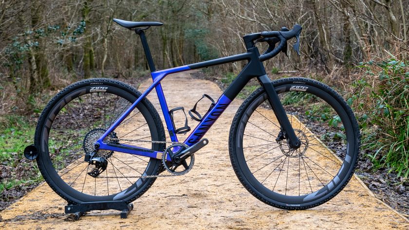 A purple and black Canyon Grail CF SLX in woodland 