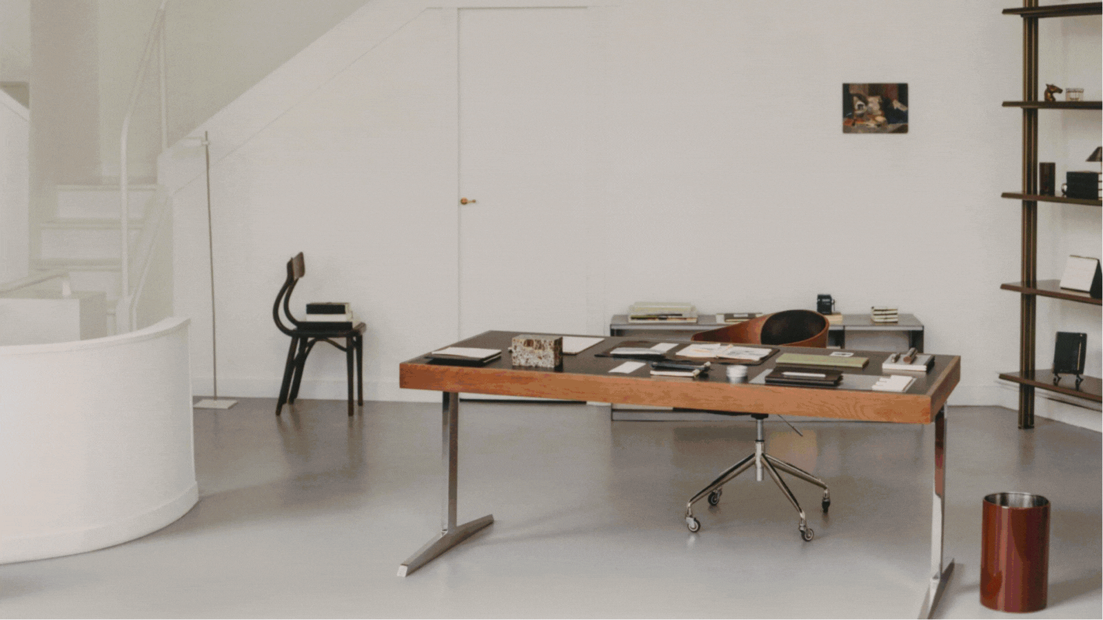 Rotating gif of five different images showing living rooms, office desks, shirt-shaped vases, and cabinetry.