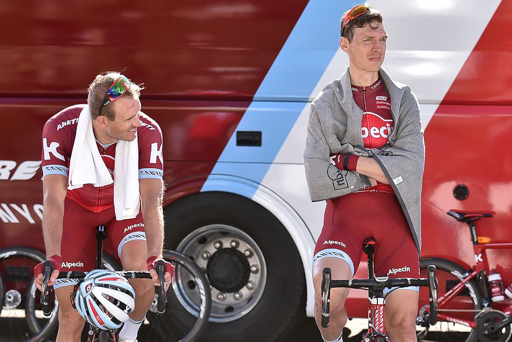 Tony Martin rides his trainer next to new teammate Alexander Kristoff
