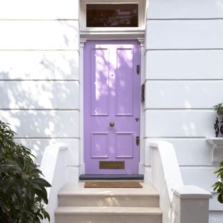 purple door with horizontal strip wall and steps