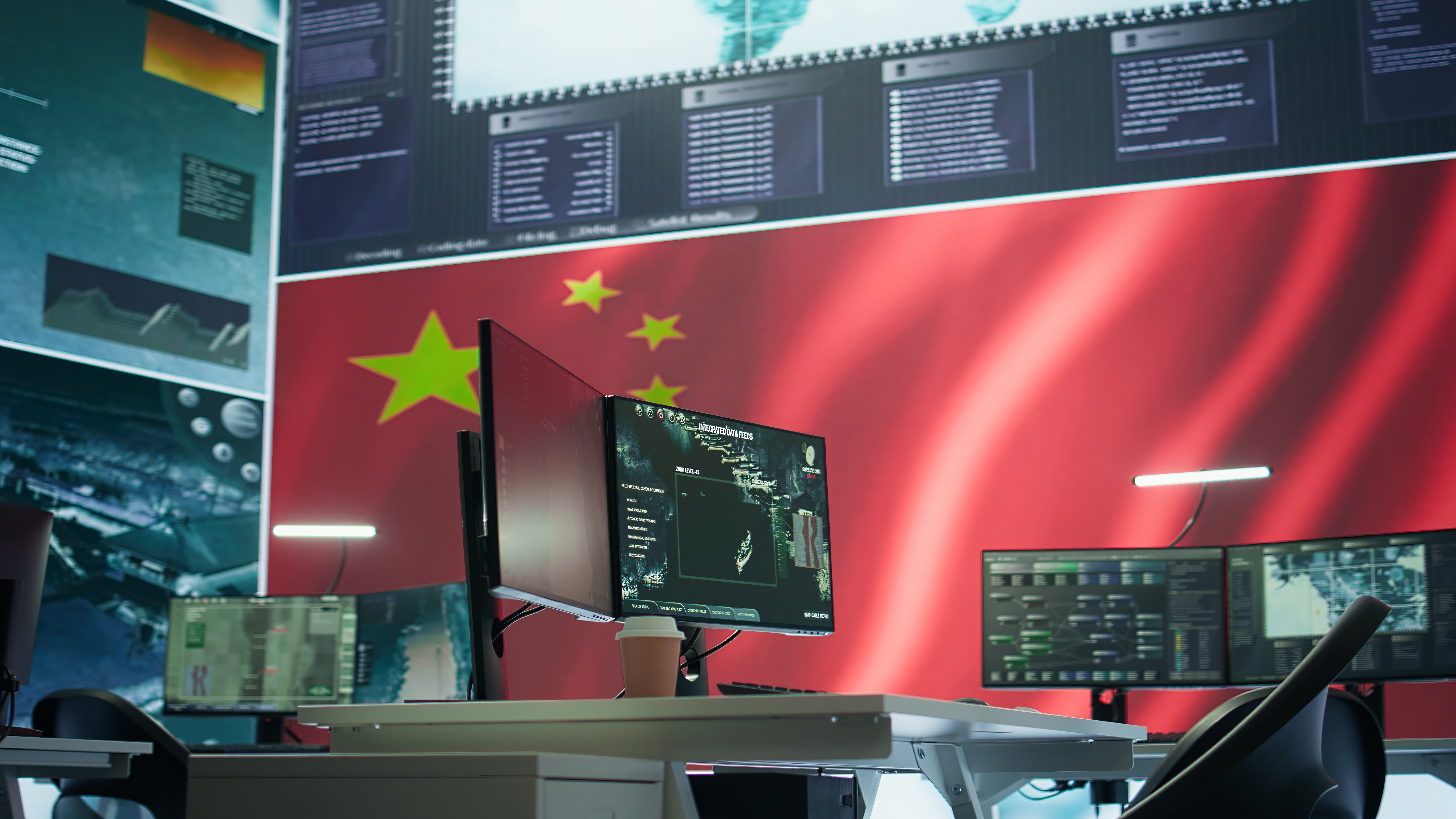 A Chinese military facility with multiple computers visible on a desk, with a large Chinese flag in the background.