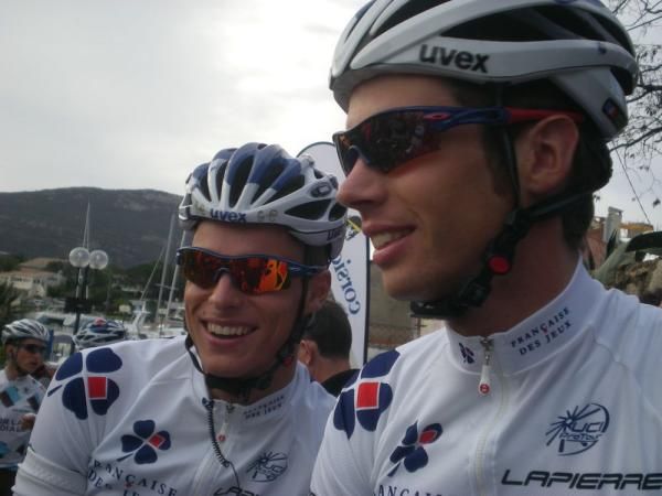 FDJ boys Gianni Meersman and Mika&euml;l Ch&eacute;rel smiling before racing