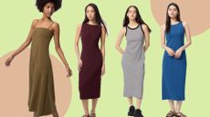 four models wearing uniqlo bra dresses