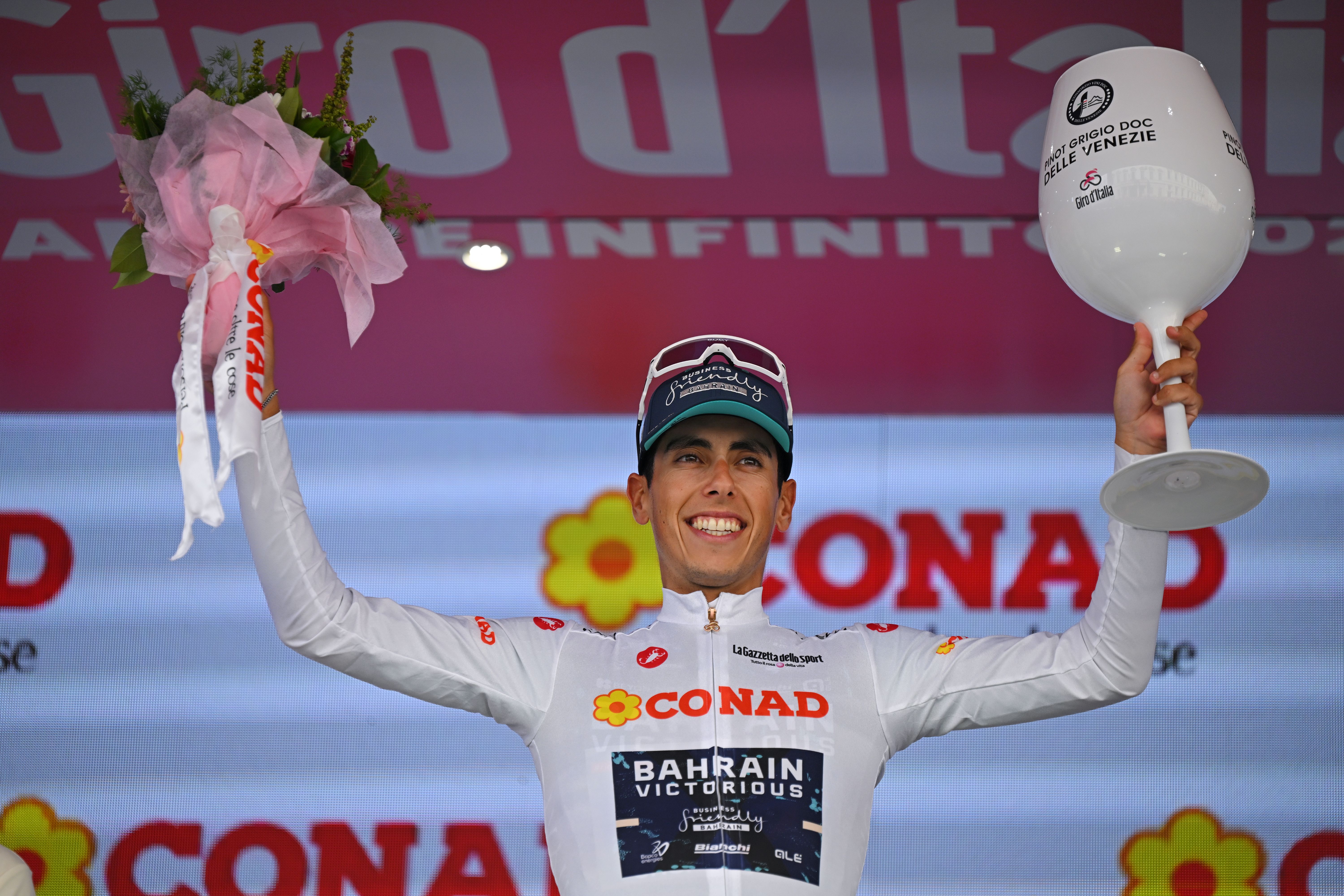 MILAN, ITALY - MAY 24: Afonso Eulalio of Portugal and Team Bahrain - Victorious celebrates at podium as White best young jersey winner during the 109th Giro d'Italia 2026, Stage 15 a 157km stage from Voghera to Milan / #UCIWT / on May 24, 2026 in Milan, Italy. (Photo by Tim de Waele/Getty Images)