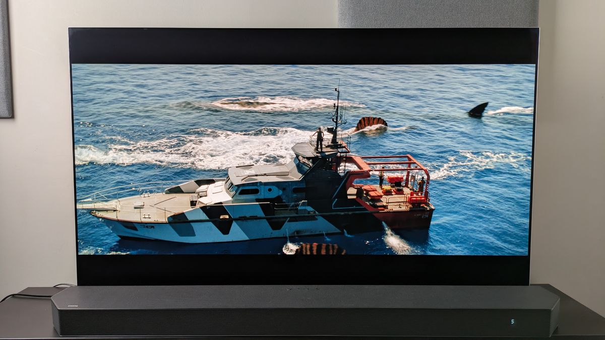 A shot of a boat in water with shark-type dinosaurs around them from Jurassic World: Rebirth 4K Blu-ray on LG G5 screen