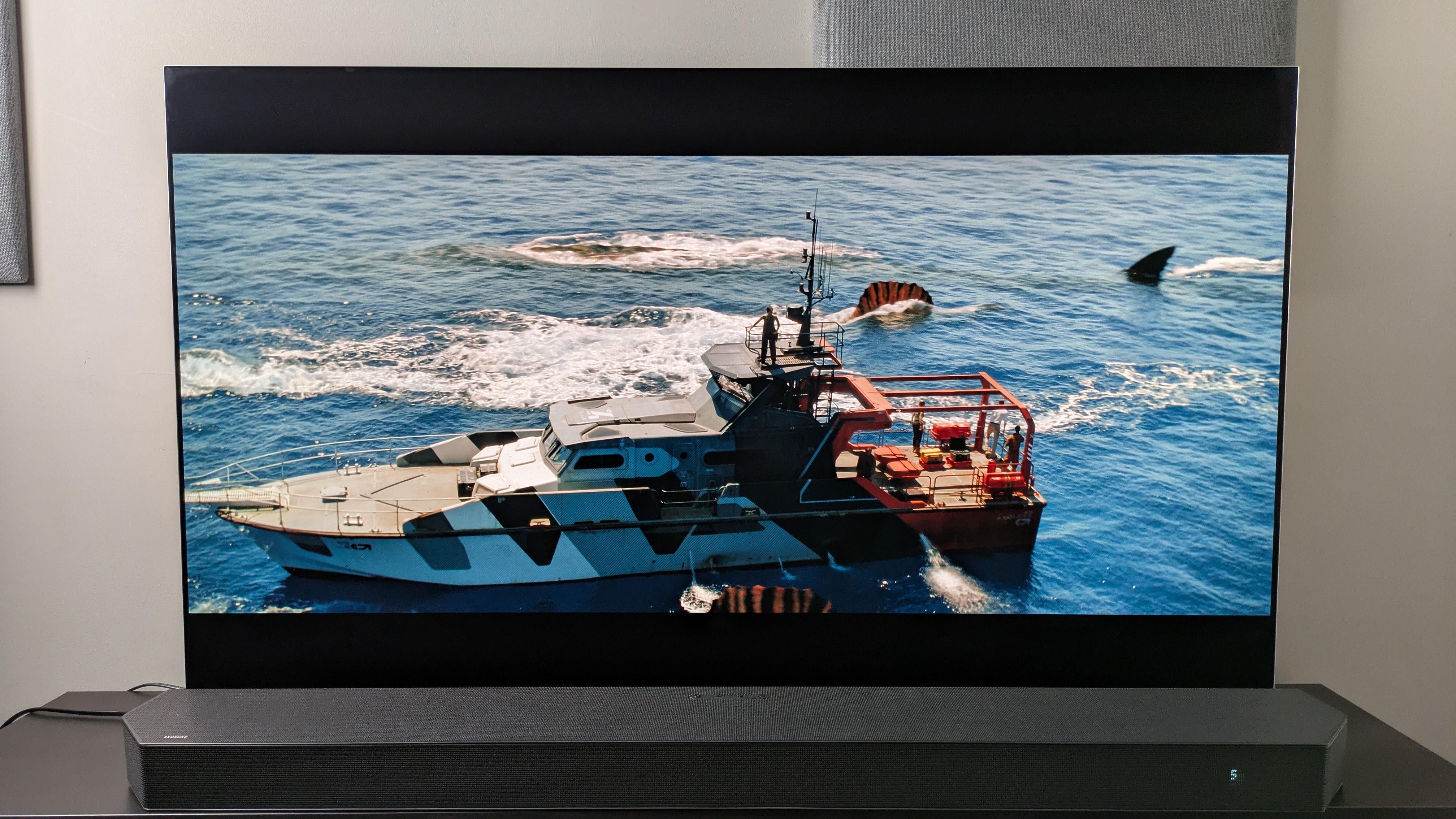 A shot of a boat in water with shark-type dinosaurs around them from Jurassic World: Rebirth 4K Blu-ray on LG G5 screen