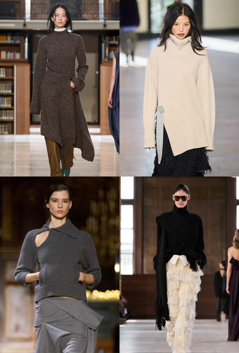 Four images of knitwear from the AW26 runways of models wearing knits with asymmetrical hemlines and seams