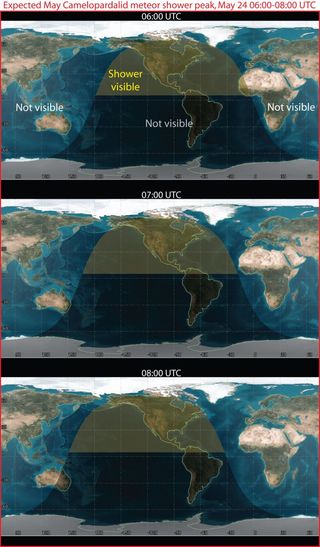 Map of projected peak viewing for 2014 May Camelopardalids meteor shower.