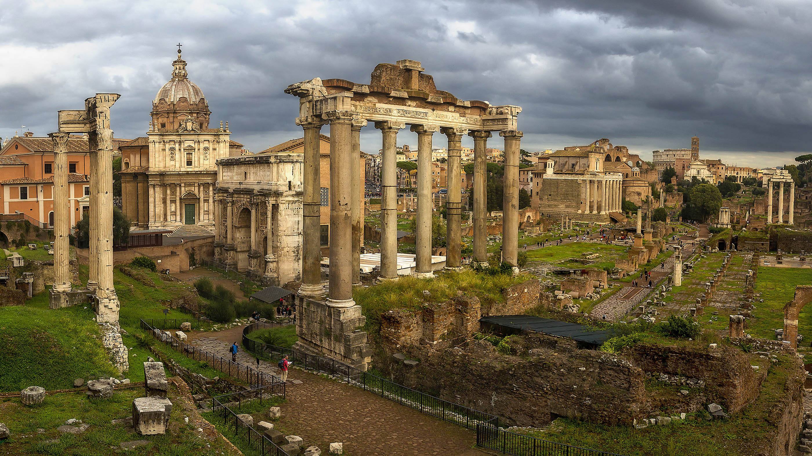 A view of the Roman Forum and the Colosseum from Capitoline Hill in Rome, Italy.