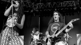 Anthrax's Joe Belladonna [left] and Scott Ian perform at Donington Park, 1988