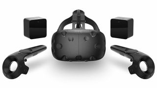 The HTC Vive, with controllers and sensors