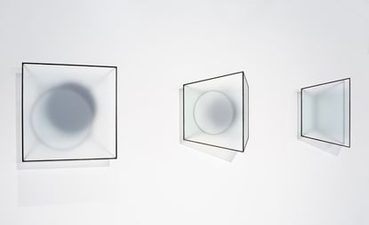 Reinoud Oudshoorn G-20 D-20 E-20,black and white transparent boxes mounted to a white wall at the ’Translucency' exhibition, 8th Tallinn Applied Art Triennial at Kai Art Center