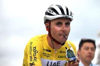 TAVIRA PORTUGAL FEBRUARY 21 Jan Christen of Switzerland and UAE Team Emirates XRG Yellow Leader Jersey reacts after the 51st Volta ao Algarve em Bicicleta Stage 3 a 1835km stage from Vila Real Santo Antonio to Tavira on February 21 2025 in Tavira Portugal Photo by Tim de WaeleGetty Images