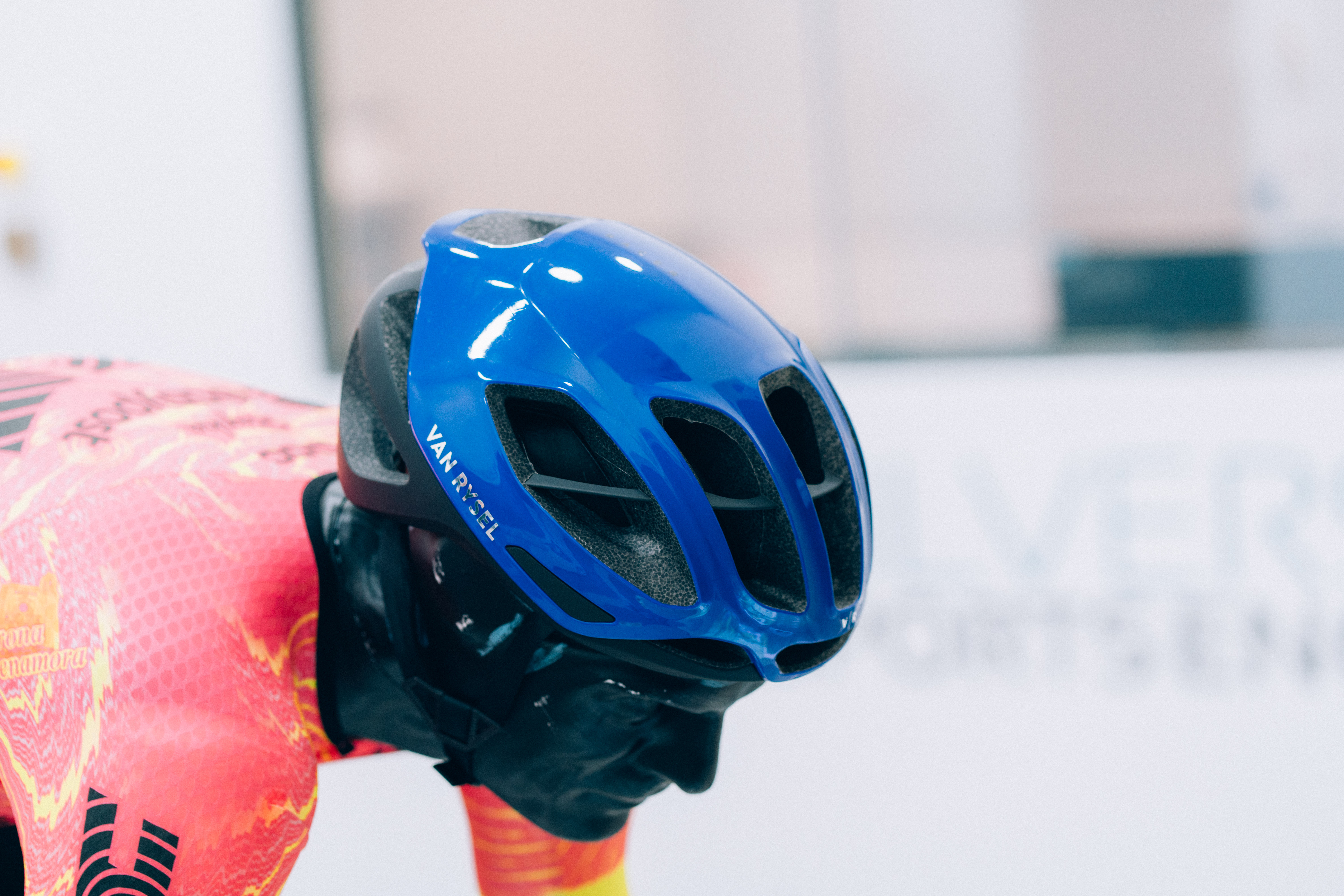 A close up of helmets being tested in the wind tunnel