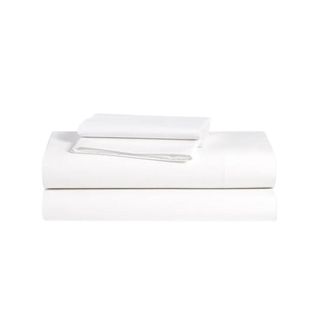 Two folded white sheets with two white folded pillowcases on top of them