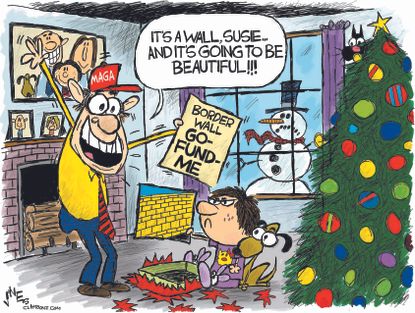 Political cartoon U.S. MAGA Christmas go fund me border wall Trump