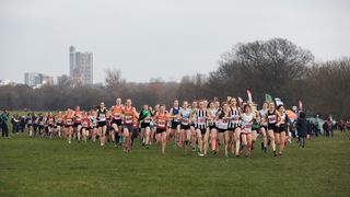 The women’s pack in a cross-country race in the UK