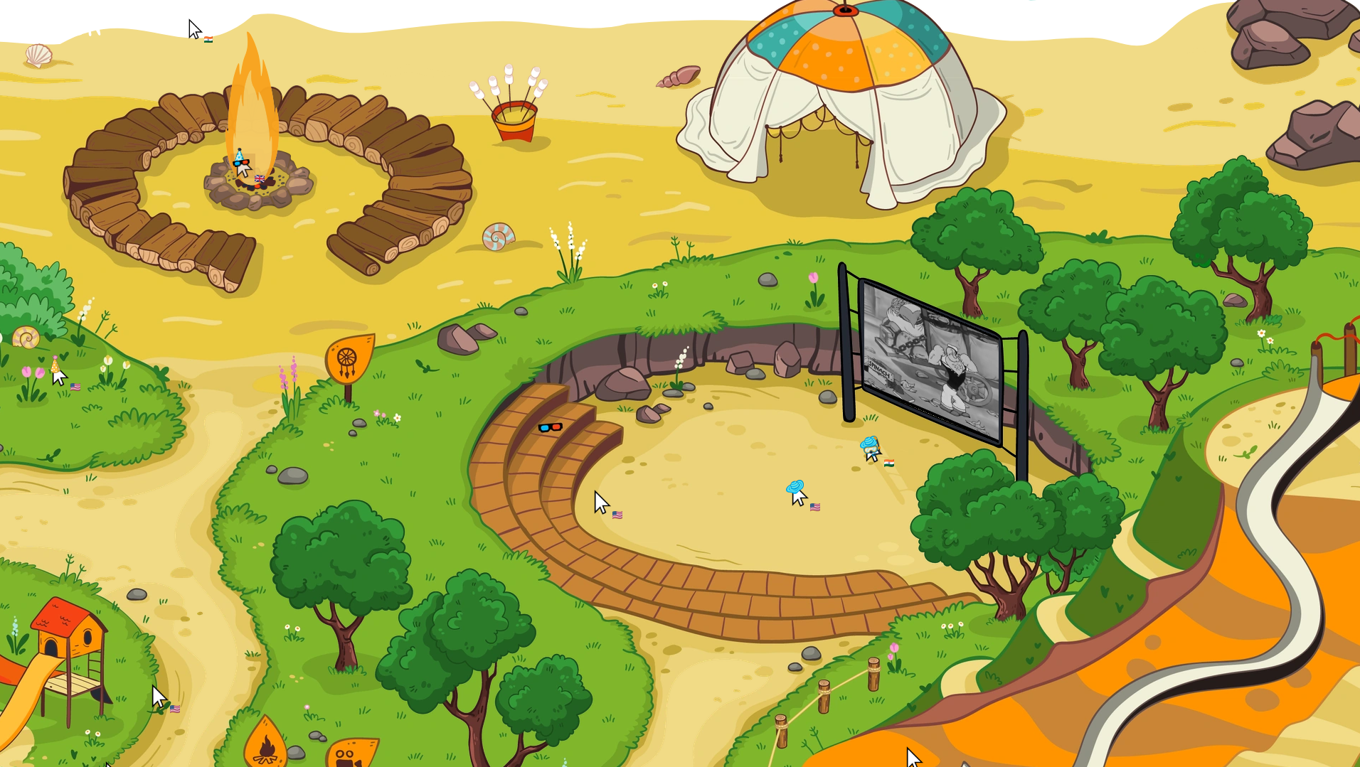 A bunch of cursors huddled around a projector screen watching a black-and-white Popeye cartoon.