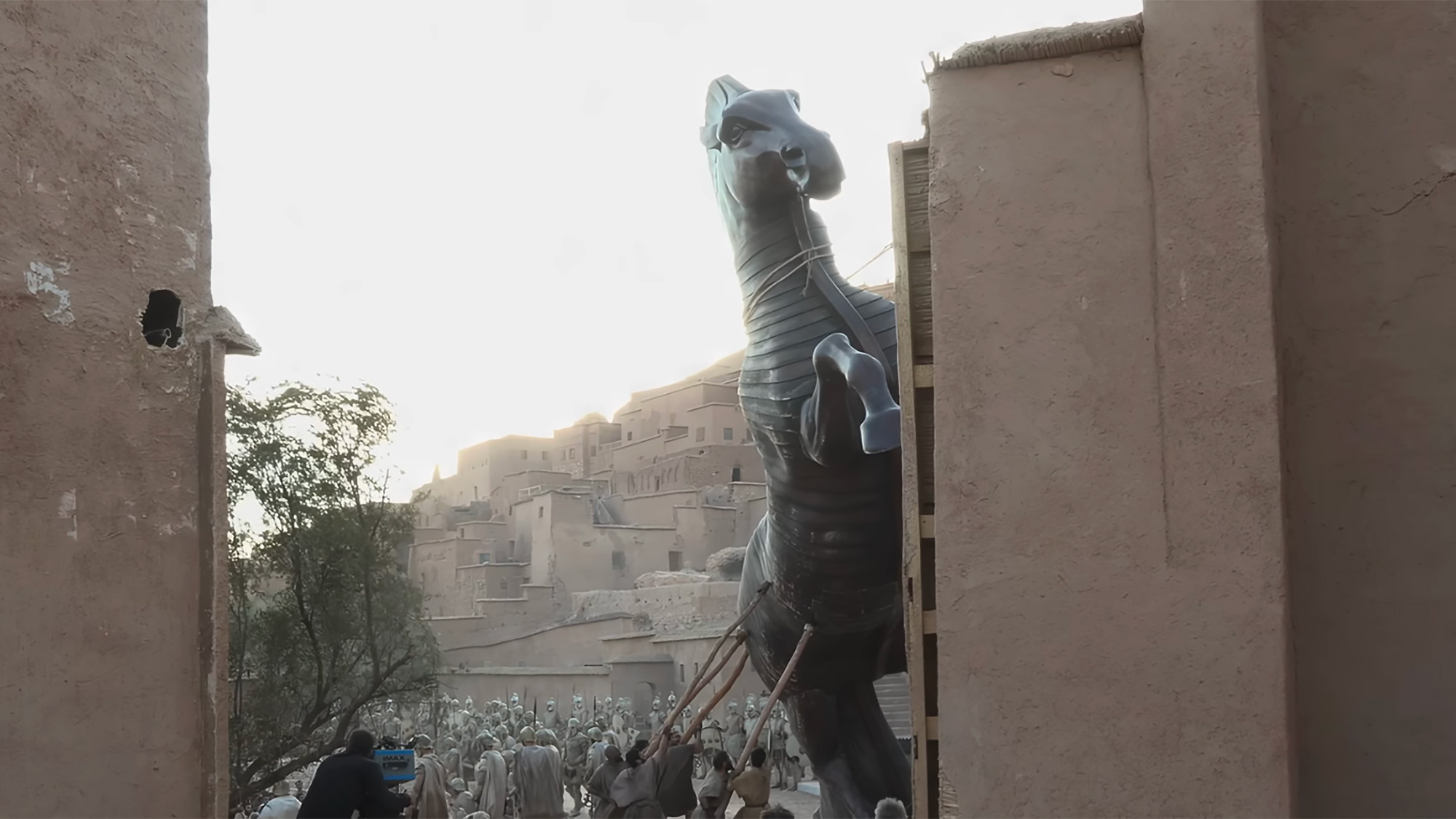 A quick BTS look at the crew and cast filming the dragging the Trojan horse scene in the Odyssey.