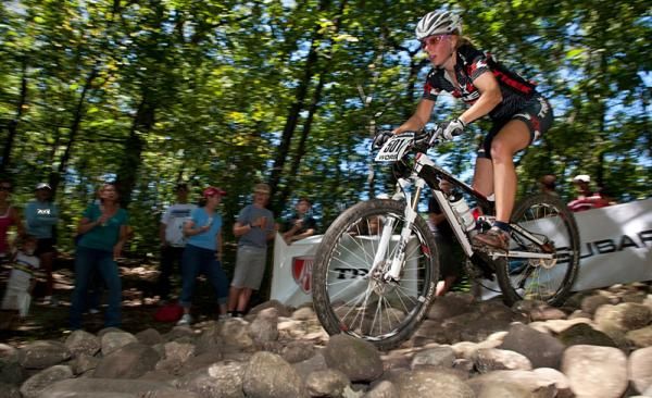 WORS Elite women's series leader Abigail Strigel (Trek Stores of Madison) takes a rock garden at speed on her way to the win at Treadfest 2010.