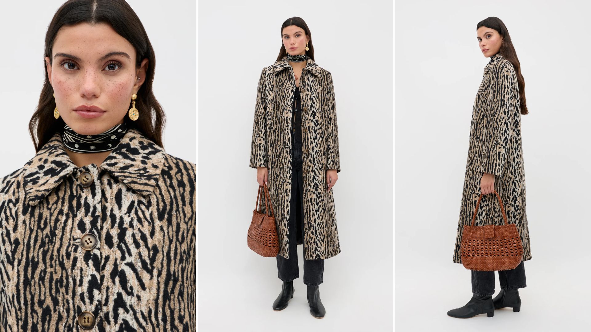Three images of the Rixo Milly leopard coat on a model