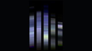 A series of vertical bars of swirling purples, blues and greens showing various layers of dust and ice in Mars's atmosphere