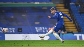 Chelsea’s Timo Werner scores his side’s fourth goal of the game during the Premier League match at Stamford Bridge, London