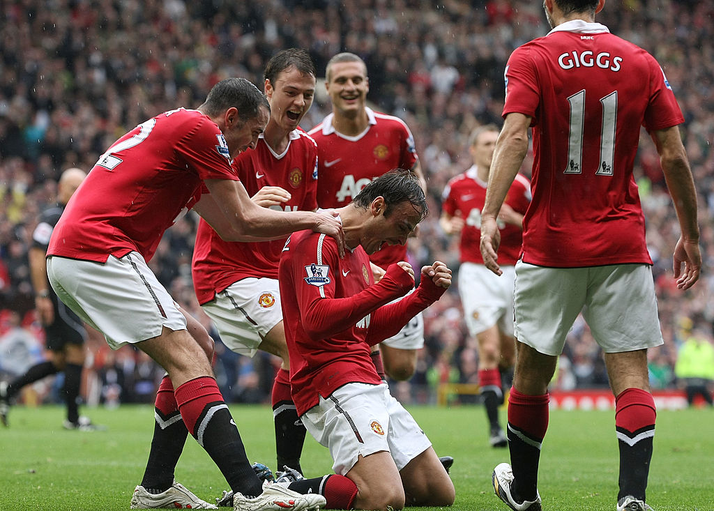 Dimitar Berbatov celebrates scoring for Manchester United