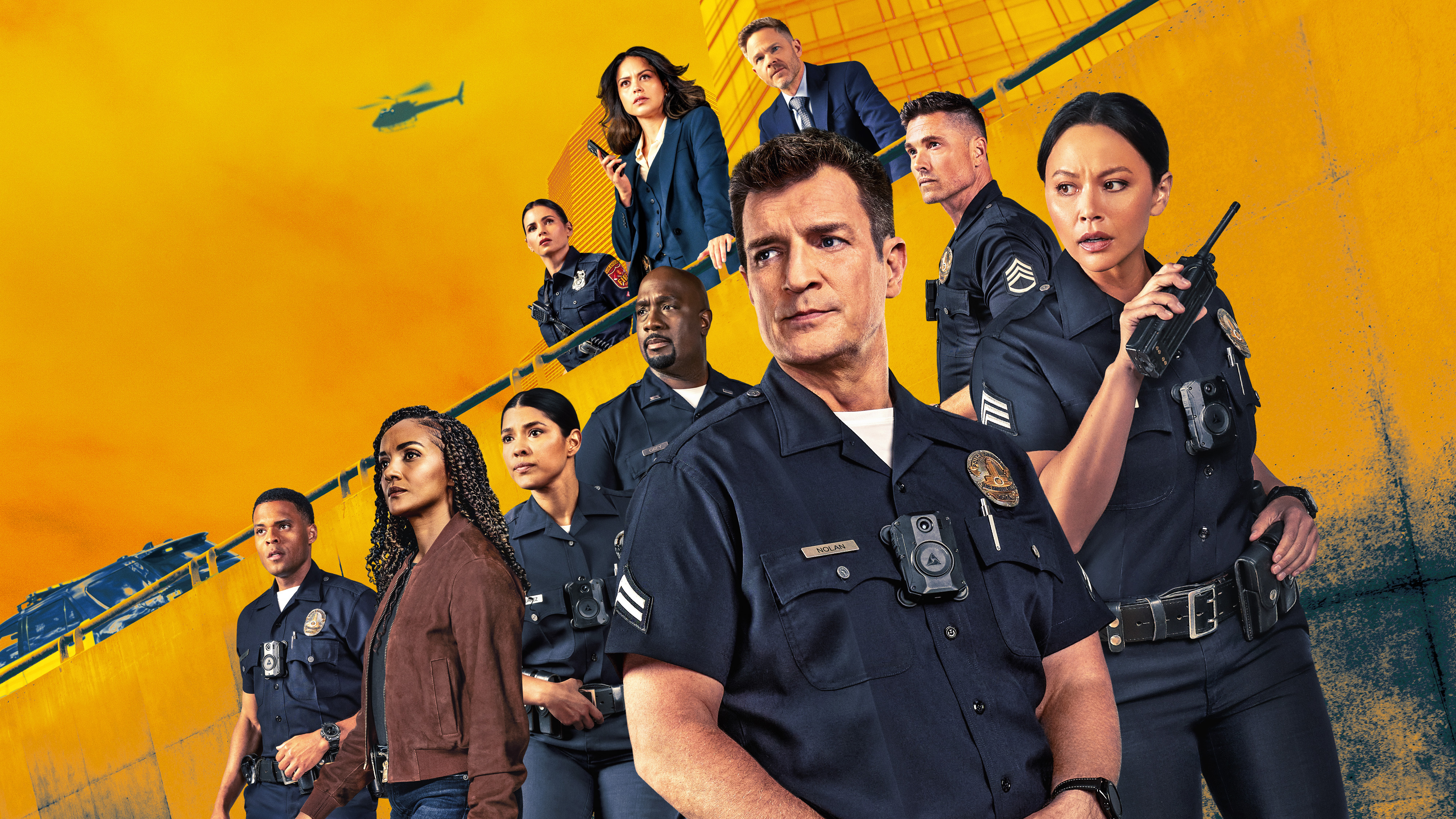 The Rookie key art featuring the cast posing against a yellow background.