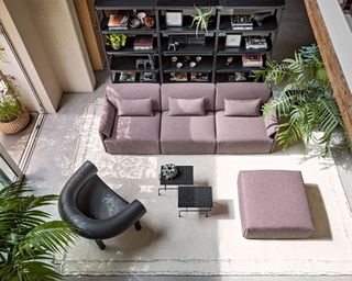 Shot looking down at purple modular sofa and matching ottoman, large cream rug, houseplants, leather lounge chair, metal nest of tables