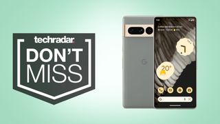 Google Pixel 7 Pro in grey on light green background with 'don't miss' text