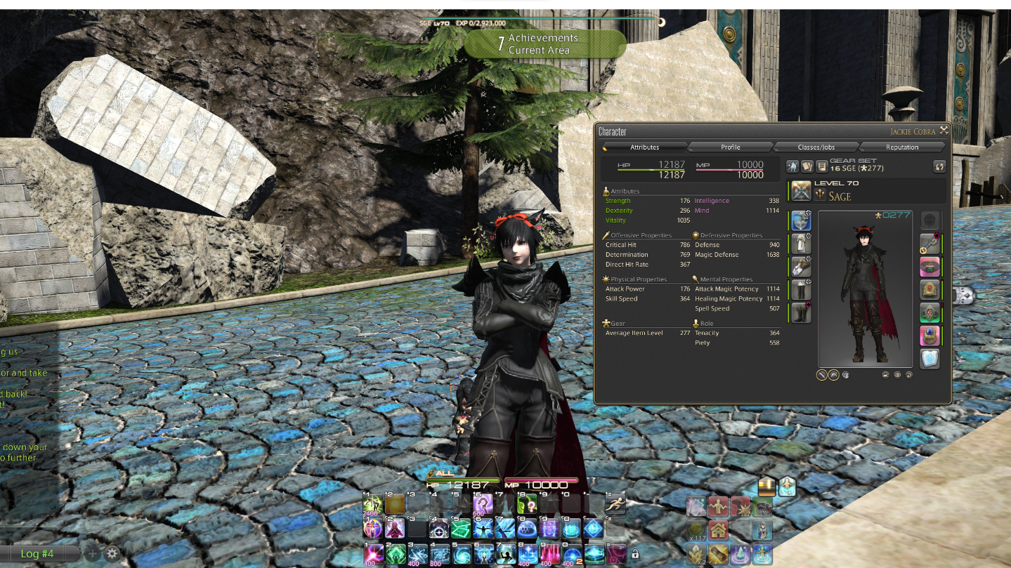 FFXIV, Jackie standing outside Idyllshire, with the character page open