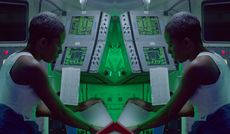 Doubled image of a woman in a technological scene