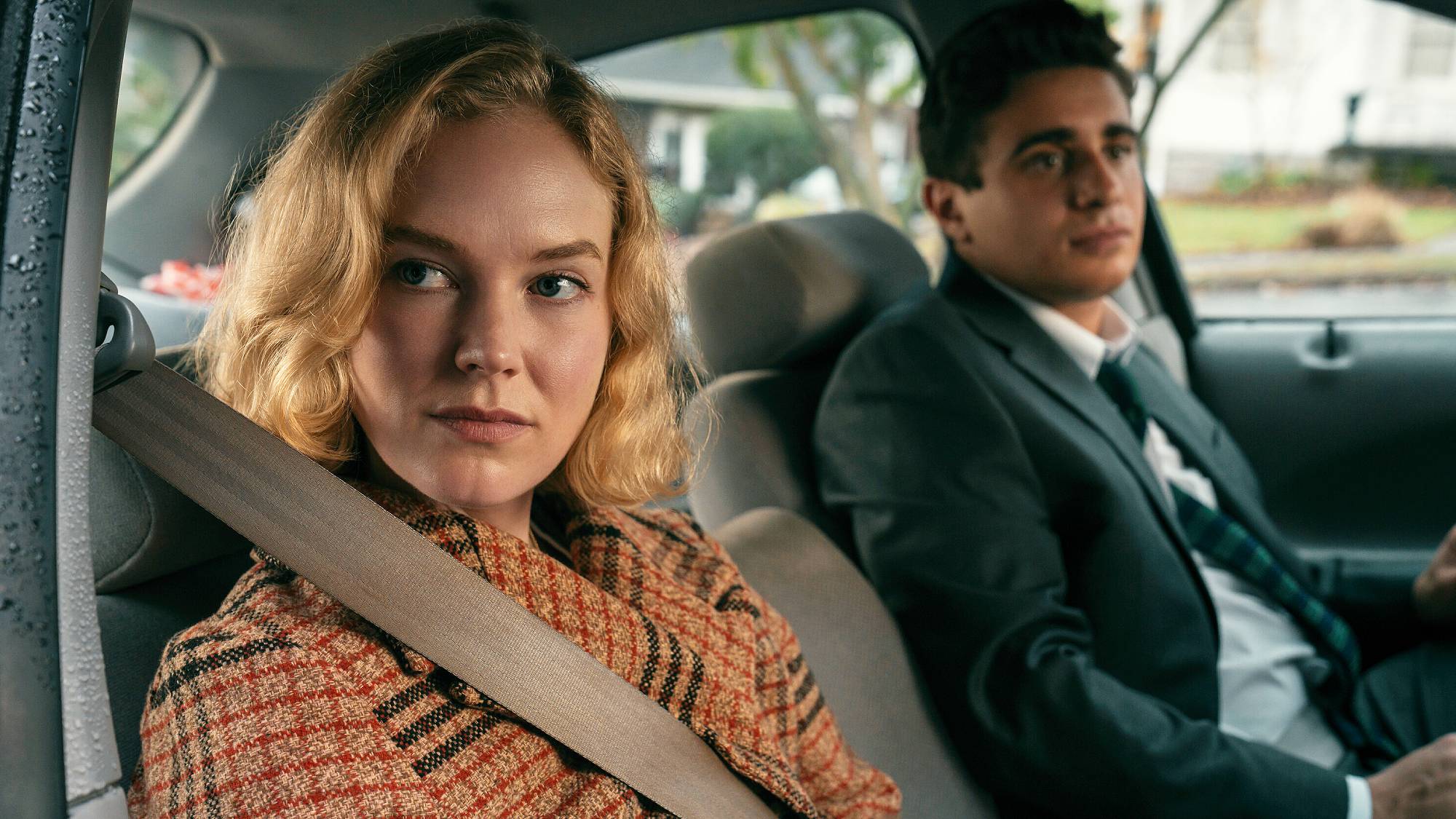 Past Kay (Rosy McEwen) and Past Marino (Jake Cannavale) in "Scarpetta" series on Prime Video (2026)