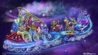 Disney Starlight: Dream The Night Away parade concept art with Goofy, Mickey, Minnie and more