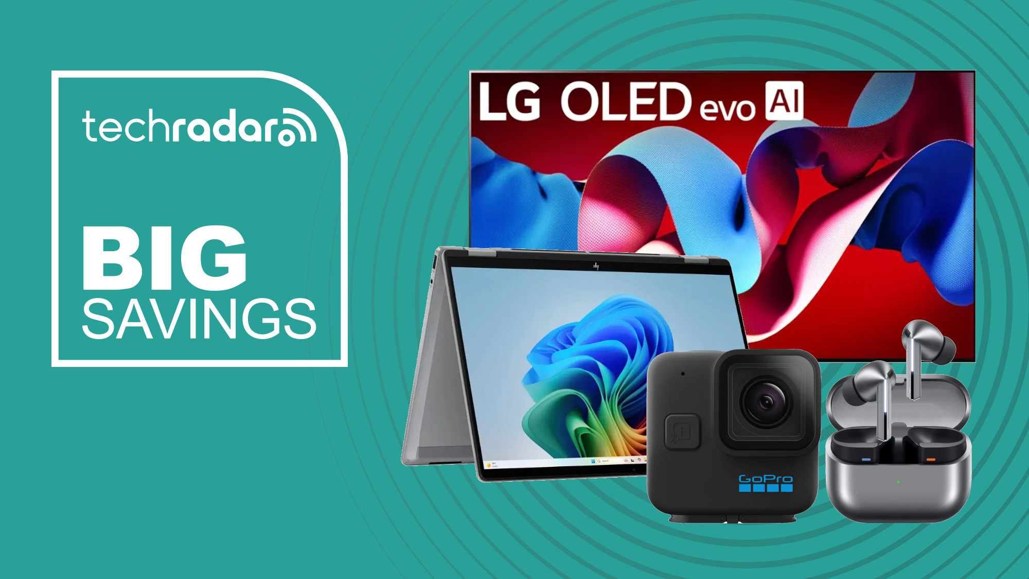 Collage of LG TV, HP Omnibook, Samsung earbuds and GoPro on a green background