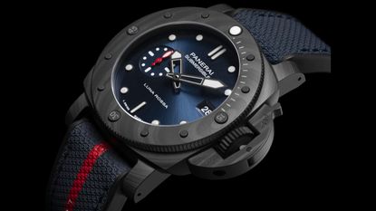 The Panerai Submersible Luna Rossa Carbotech on a black background