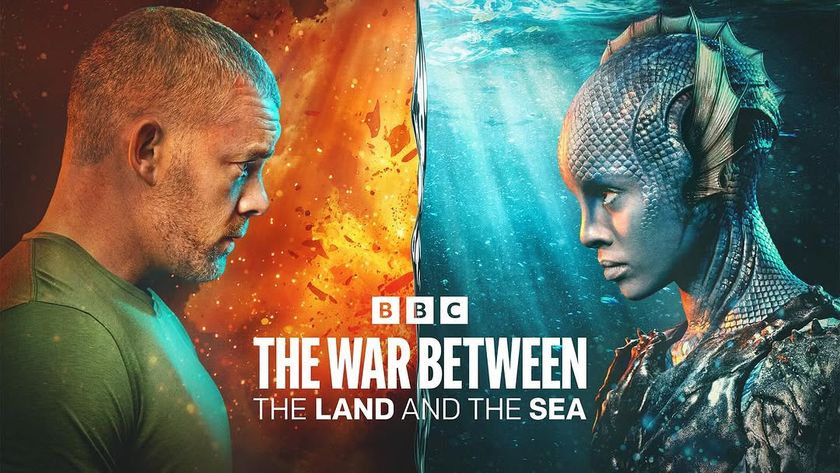 Promotional material for &quot;The War Between the Land and the Sea&quot; showing a face-off between Barclay (Russell Tovey) and Salt (Gugu Mbatha-Raw). Barclay stands in front of a fiery background, while Salt stands before water, and the movie&#039;s title sits between them.