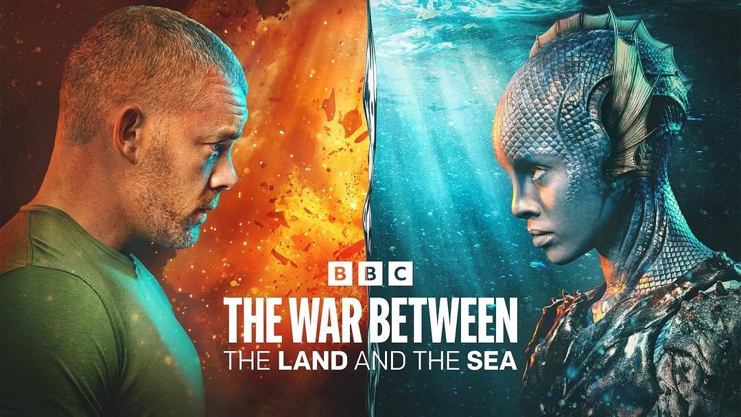 Promotional material for &quot;The War Between the Land and the Sea&quot; showing a face-off between Barclay (Russell Tovey) and Salt (Gugu Mbatha-Raw). Barclay stands in front of a fiery background, while Salt stands before water, and the movie&#039;s title sits between them.