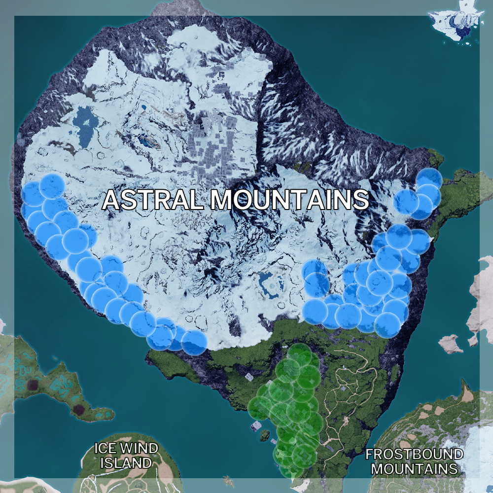 Map of the Astral Mountains in Palworld 1.0 highlighting where to find new pals