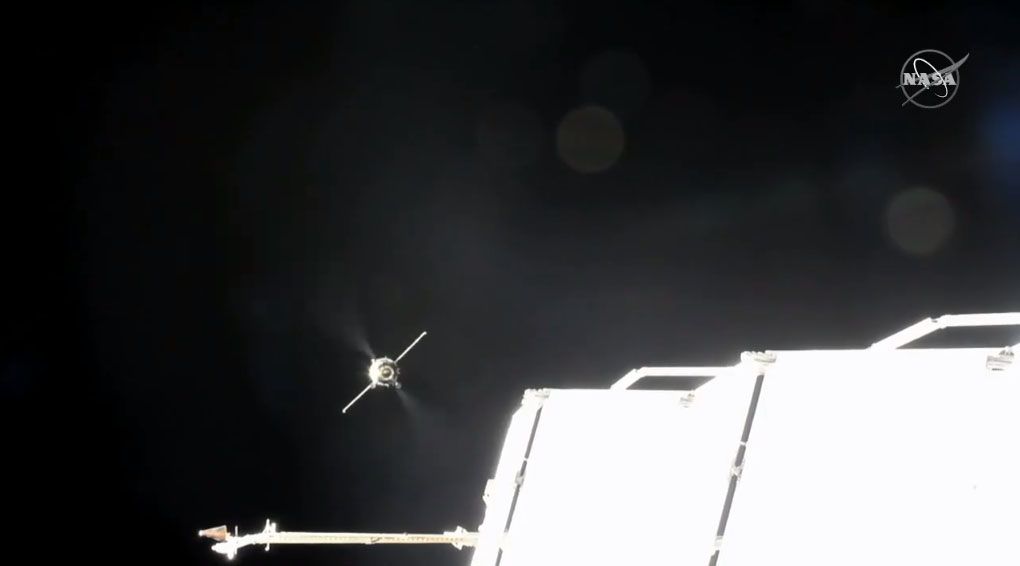The Soyuz MS-14 spacecraft approaches the International Space Station during docking operations on Aug. 26, 2019.