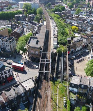 Setting of Camden Highline on a railway track in London