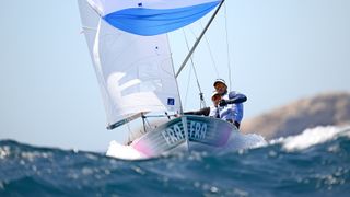 France&#039;s Camille Lecointre and Jeremie Mion practicing for the 2024 Olympic sailing.