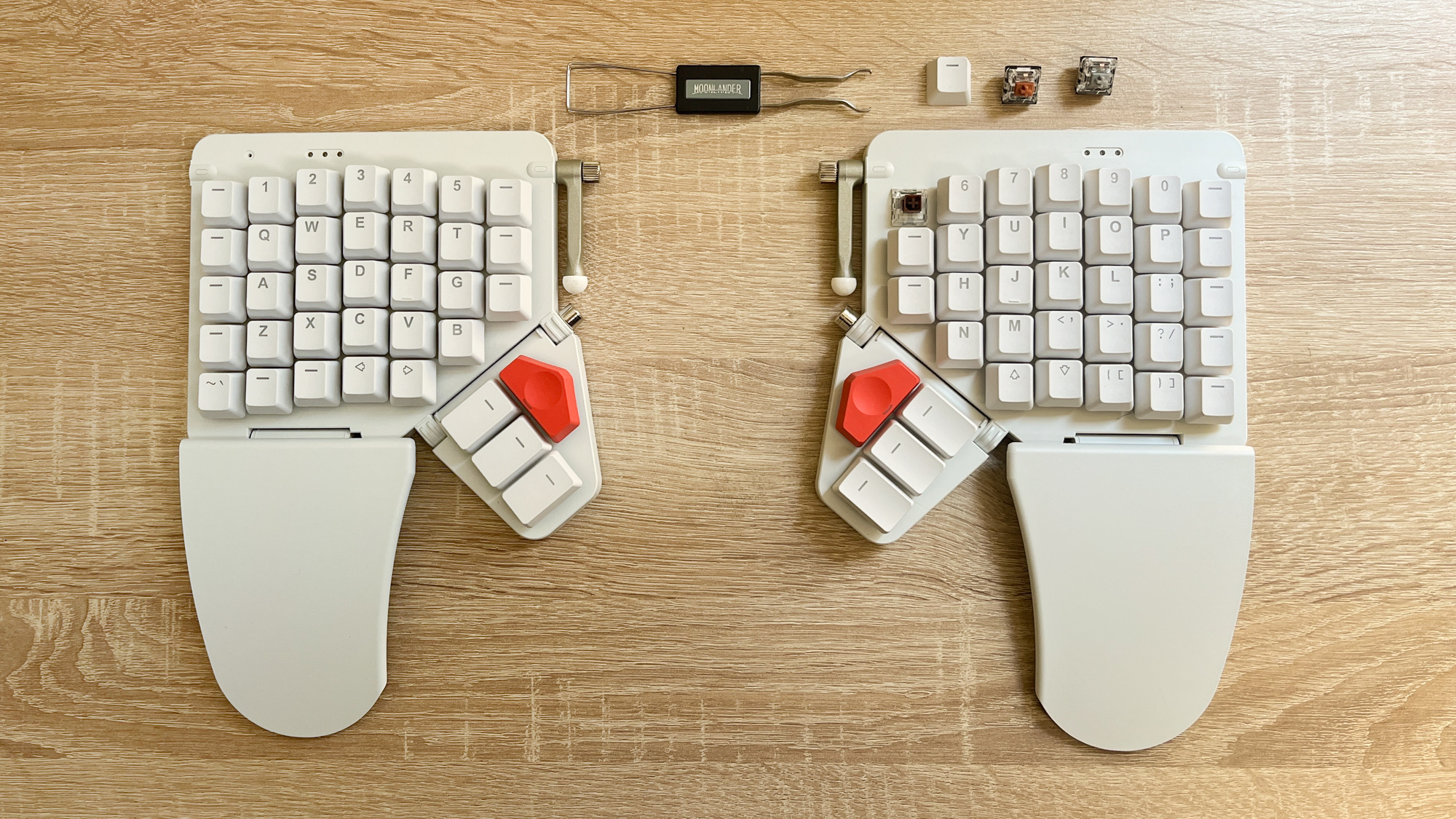 ZSA Moonlander Mark 1 keyboard in action on a desk