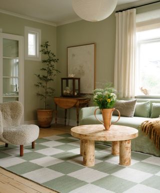 living room with green tiled rug