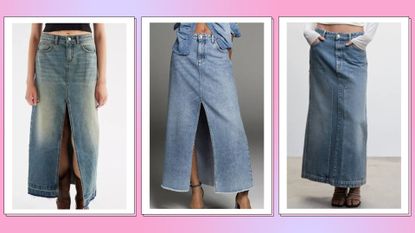 denim maxi skirts from Urban Outfitters, Anthropologie and Mango/ in a pink and purple template