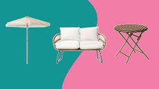 Target outdoor furniture including an umbrella love seat and table on a green and pink background